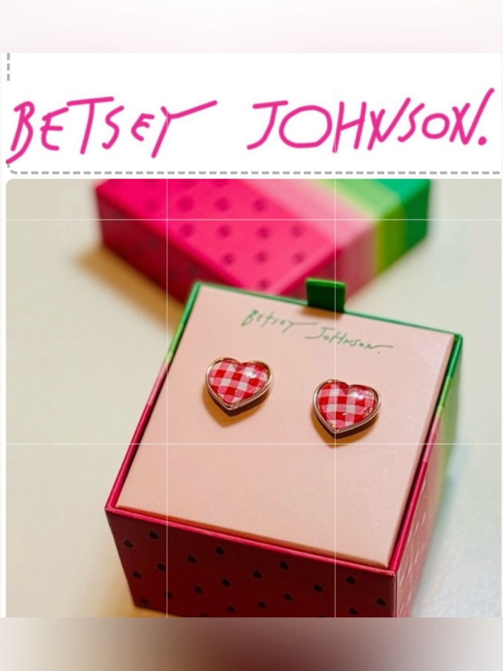 NWT Betsey Johnson Red and White Checkered Heart Earrings in Gift Box